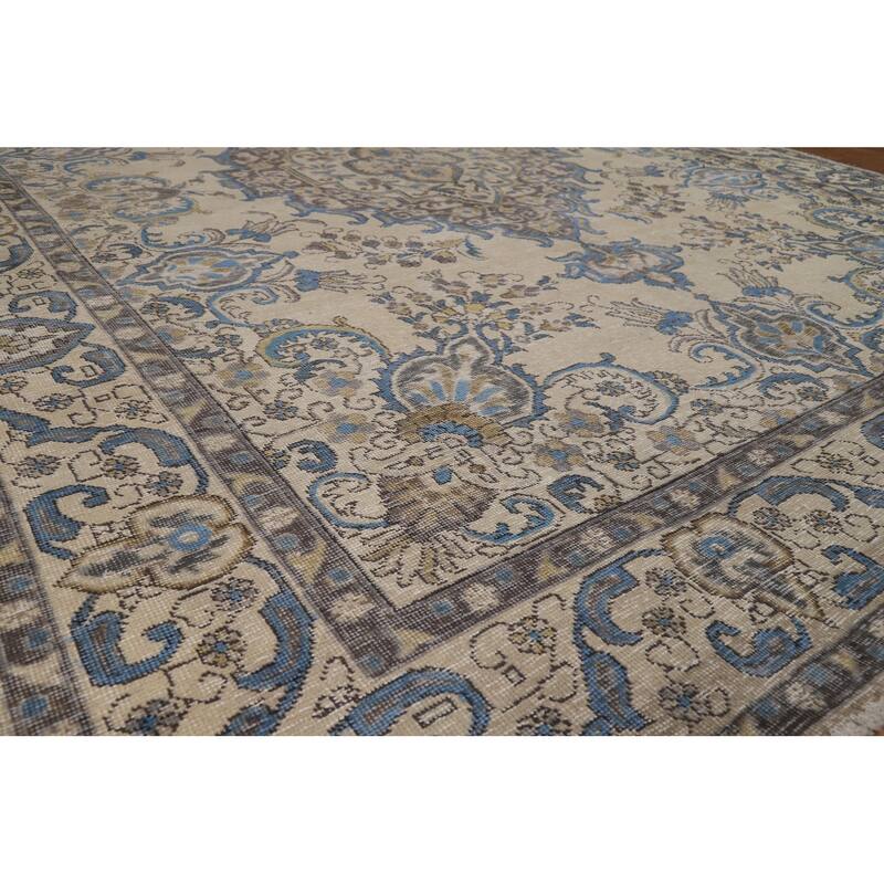 Tabriz Persian Area Rug Hand-Knotted Beige Floral Wool Carpet - 8'2"x 10'9"