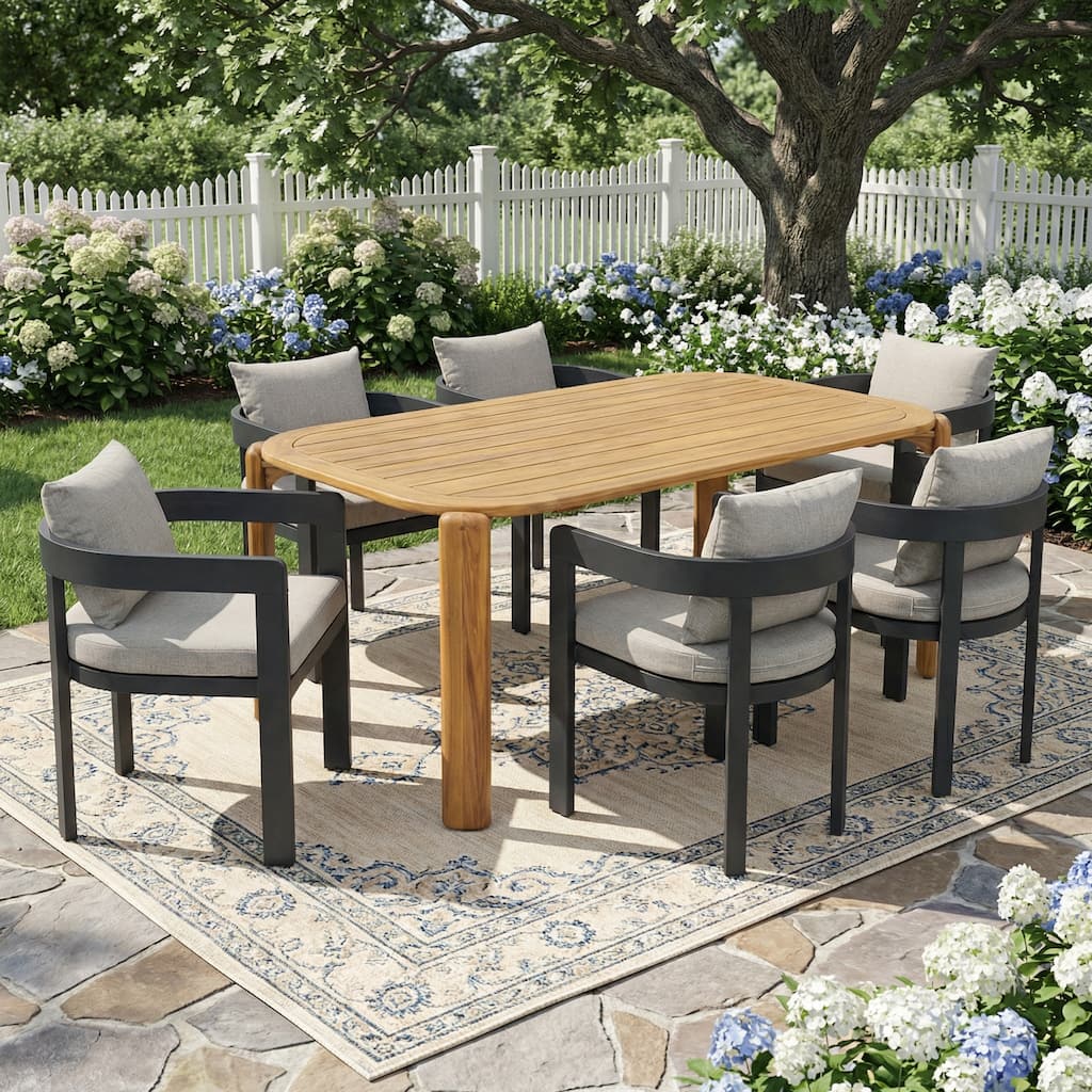 Christopher Knight Home - Modern 7-Piece Acacia Wood Dining Table Set with Aluminum Frame Upholstered Dining Chairs