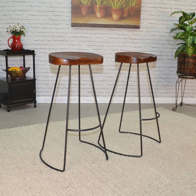 Set of 2 Chestnut Brown and Black Bar Stools with Curved Seat 31"