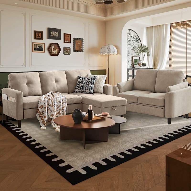 3 Pieces Living Room Set with Storage Ottoman