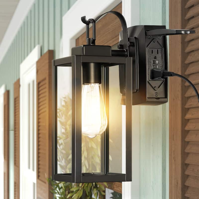 1-Light Outdoor Wall Lantern with Built-In GFCI Outlets - Matte Black