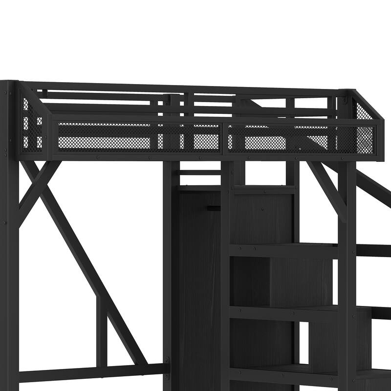 Roomfitters Metal Loft Bed with Wardrobe and Storage Stairs, LED Lights and USB