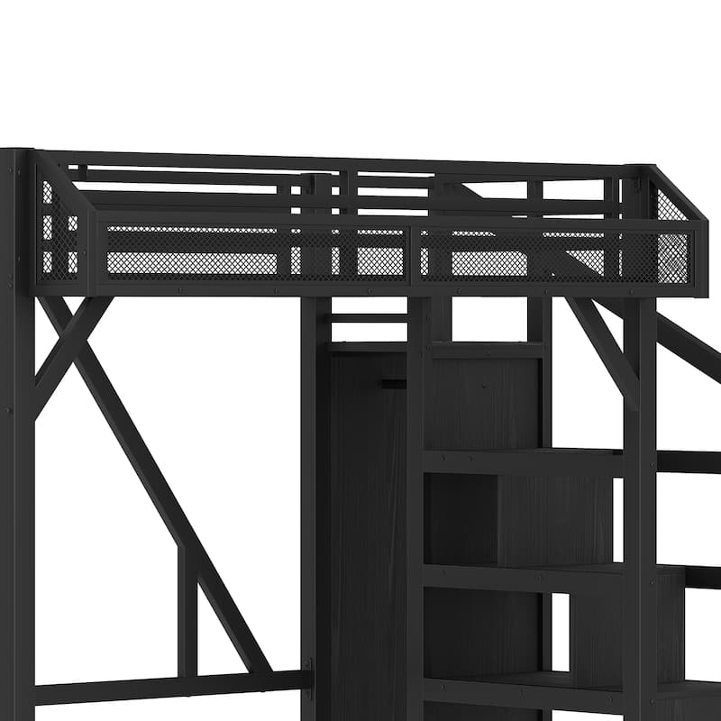 Twin XL Loft Bed with Storage Stairs, Shelves and Built-in Wardrobe, Metal Loft Bed Frame with USB Ports and LED Lights
