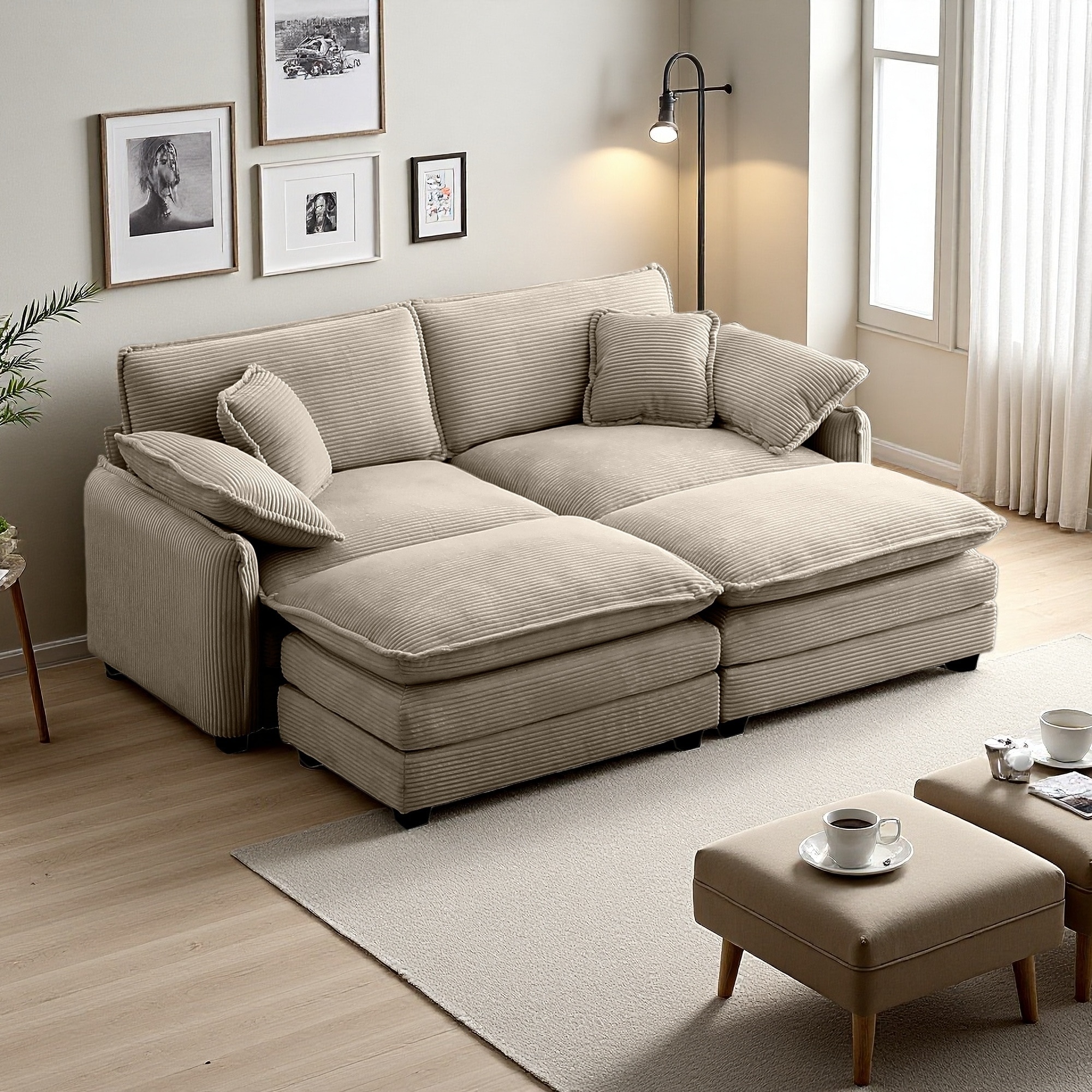 81" Corduroy Modular Sectional Sofa with 2 Ottoman Footrests (2-Seater)