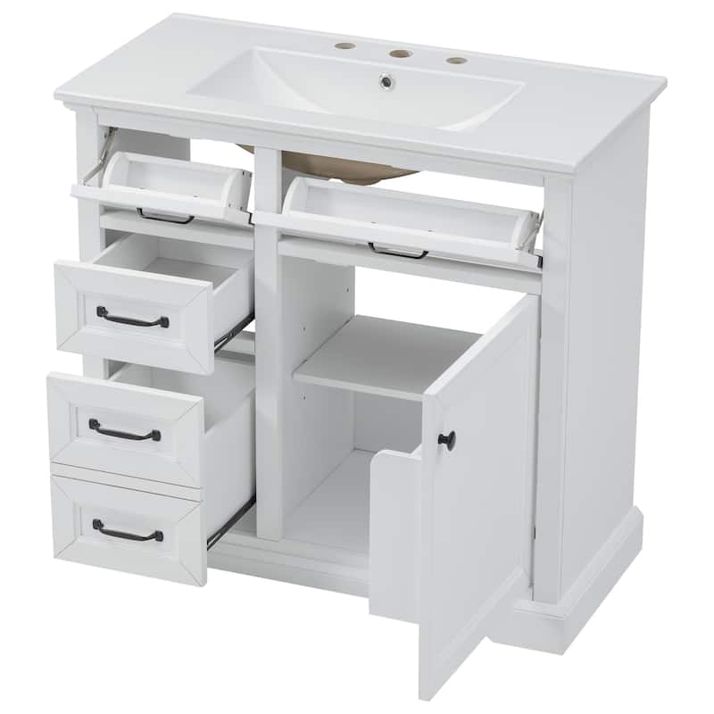 36 Inch Bathroom Vanity Ceramic Sink 4 Drawers Soft Close Door Metal Handles 8 Inch Faucet White