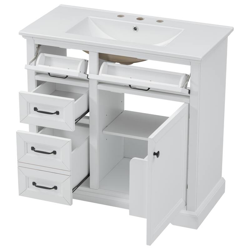 36-Inch Bathroom Vanity with Ceramic Sink Top, 4 Drawers and 1 Soft-Close Door, Freestanding Storage Cabinet with Metal Handles