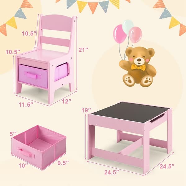 slide 2 of 5, 3-in-1 Kids Table and Chair Set Wooden Activity Table with Chairs Pink.