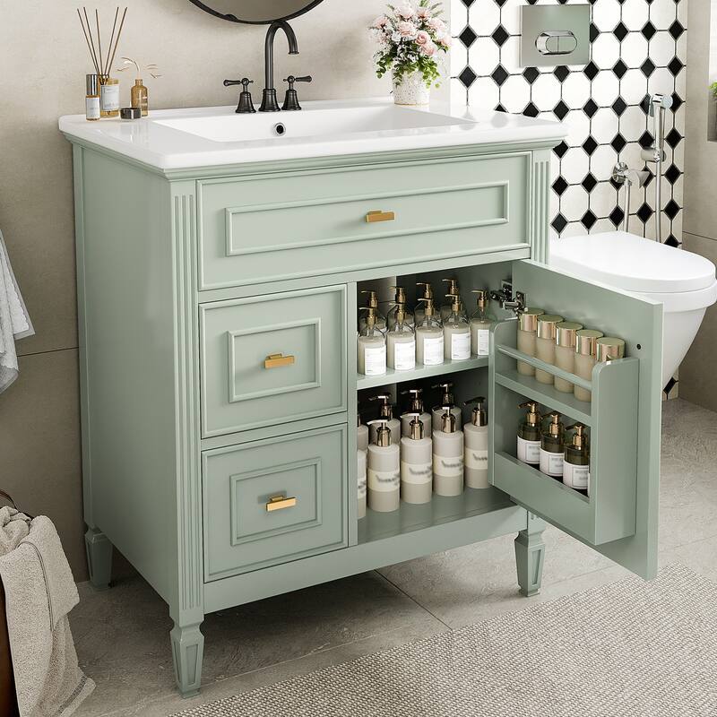 Roomfitters 30" Bathroom Vanity with Ceramic Sink, Solid Wood Frame with Flip Drawer, 2 Side Drawers & Adjustable Shelf
