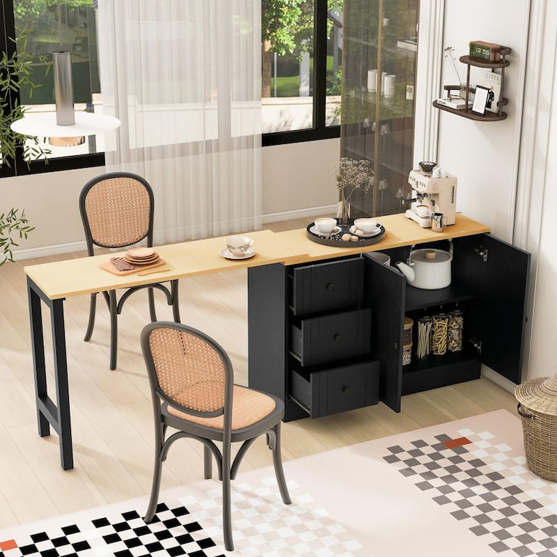 89.7'' Wooden Sideboard with Extendable Table - Multifunctional Storage Cabinet with 2 Doors and 3 Drawers