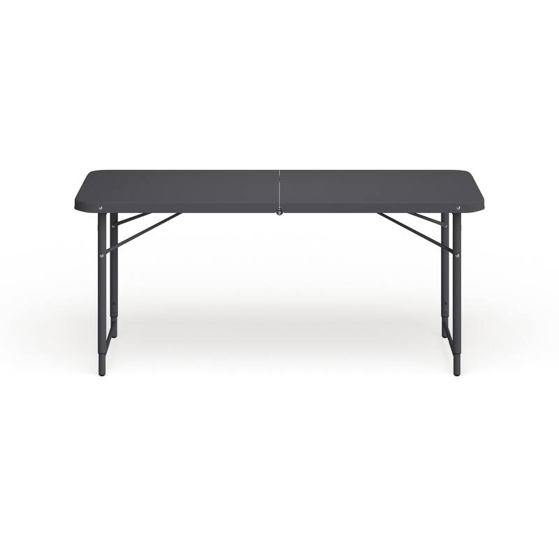 4-Foot Height Adjustable Bi-Fold Dark Gray Plastic Folding Table with Handle
