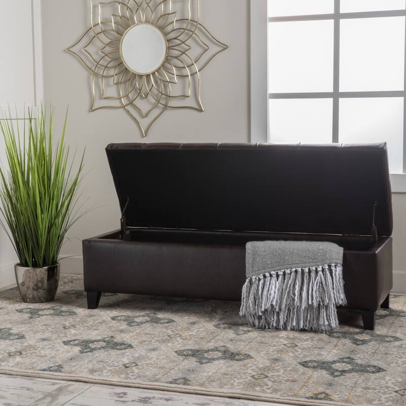 Brown PU Leather Storage Ottoman Bench - Contemporary Style, Large Storage Space