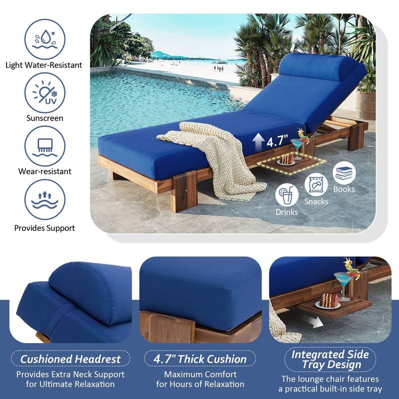78.8'' Acacia Wood Outdoor Chaise Lounge Adjustable Recliner with Headrest & Retractable Side Tray - N/A