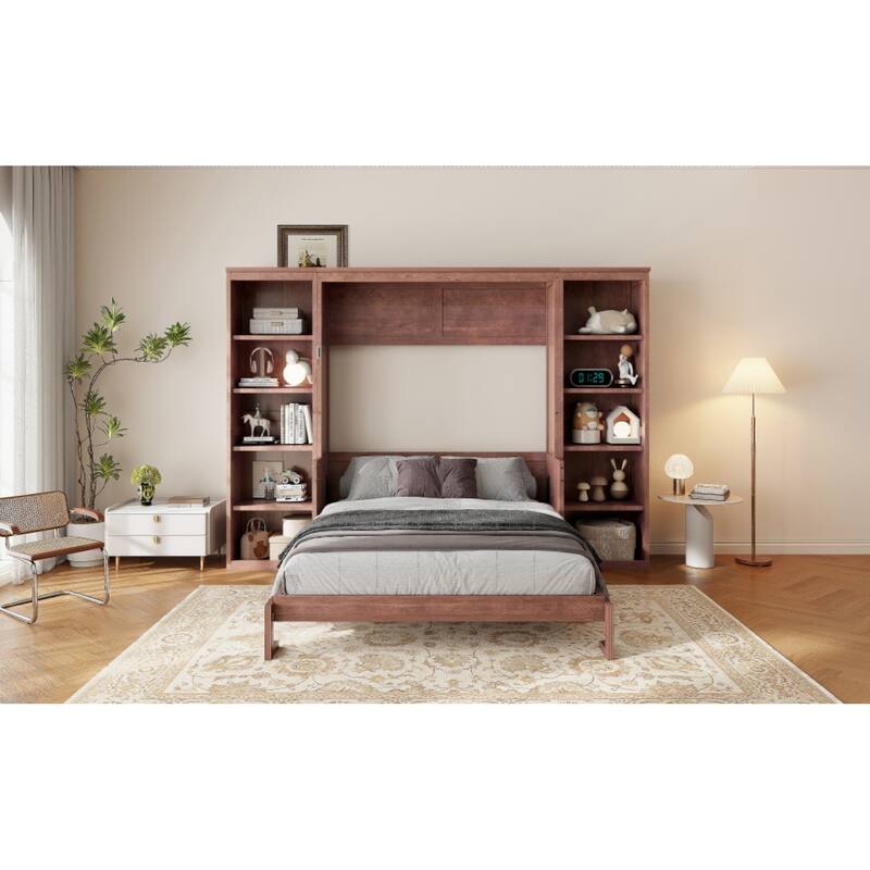 Roomfitters Full/Queen Size Murphy Bed with Desk and Bookshelf Storage, Space Saving, Dark Brown