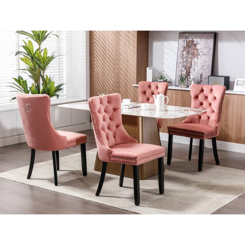 High-end Tufted Solid Wood Contemporary Velvet Upholstered Dining Chair with Wood Legs Nailhead Trim 2-Pcs Set