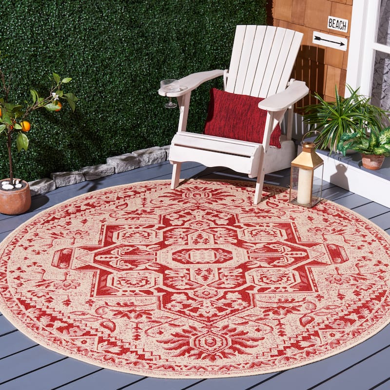 SAFAVIEH Beach House Caoimhe Indoor/ Outdoor Patio Backyard Rug - 4' Round - Red/Creme