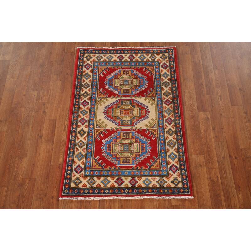 Geometric Kazak Accent Rug Handmade Oriental Wool Carpet - 2'9"x 4'2"