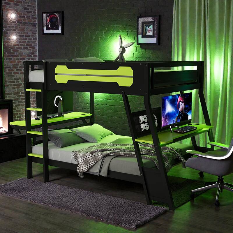 Twin/Full Gaming Bunk Bed with Dual Desks, USB Charging Ports and Pegboard Organizer, Gamer Bunk Frame