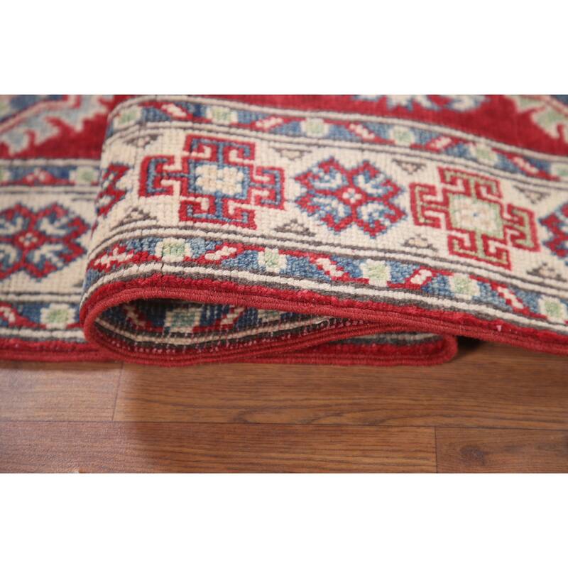 Hand Knotted Oriental 100% Wool Carpet Traditional Geometric Red Kazak Runner Rug - 7' 7'' X 2' 9''