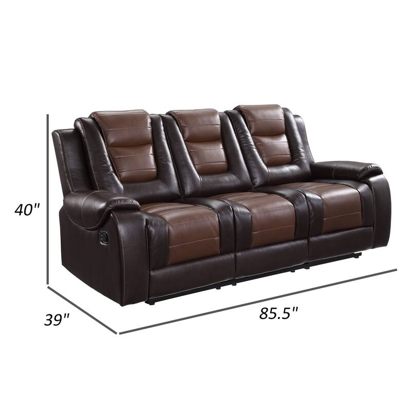 Istro 86 Inch Manual Recliner Sofa, Drop Down Table, Brown Faux Leather