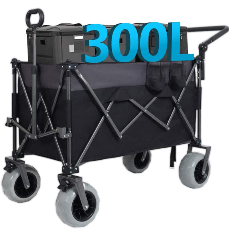 Multi-Functional Push-Pull Folding Wagon Cart With Rotating Handle & 9"X4" Beach Tires For Camping & Beach-300l Xl Heavy-Duty