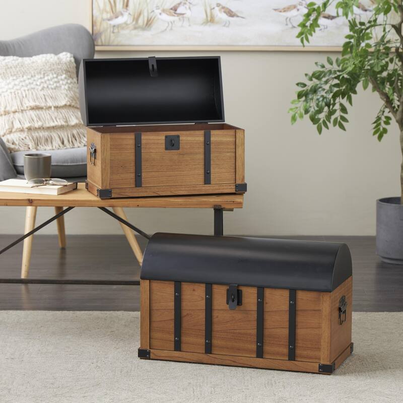 Wooden Studded Storage Decorative Trunk with Black Metal Arched Tops and Vertical Strips - Set of 2 Brown - Roche River Decor