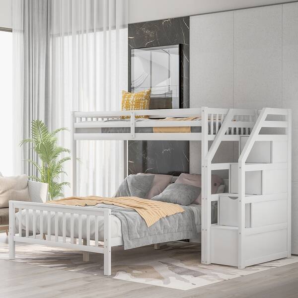 slide 2 of 31, Twin Over Full Wood Loft Bed with Staircase,High Guardrails and Ladder White