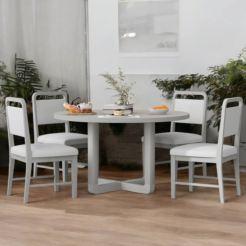 5-Piece Round Dining Table Set for 4 with Upholstered Chairs and Radial Wood Grain Design, Perfect for Dining Room and Kitchen - Antique Gray