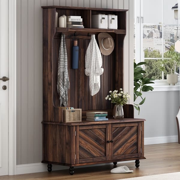 slide 2 of 34, Hall Tree Entryway Bench Storage Bench for Entrance -17.7"Wx40.15"D Tiger