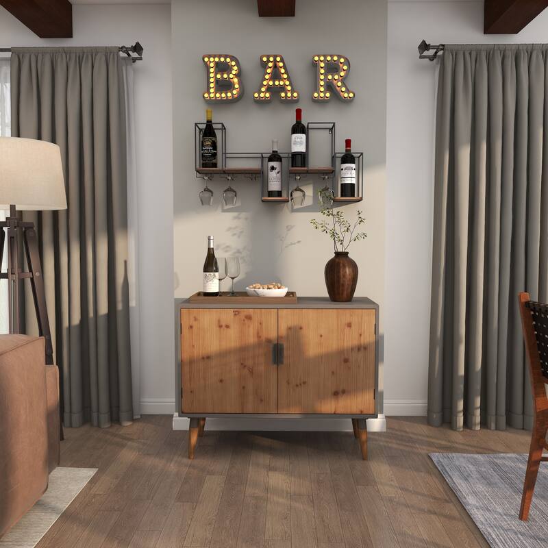 Black Metal 7 Bottle Geometric Wall Wine Rack with 5 Glass Holder Slots