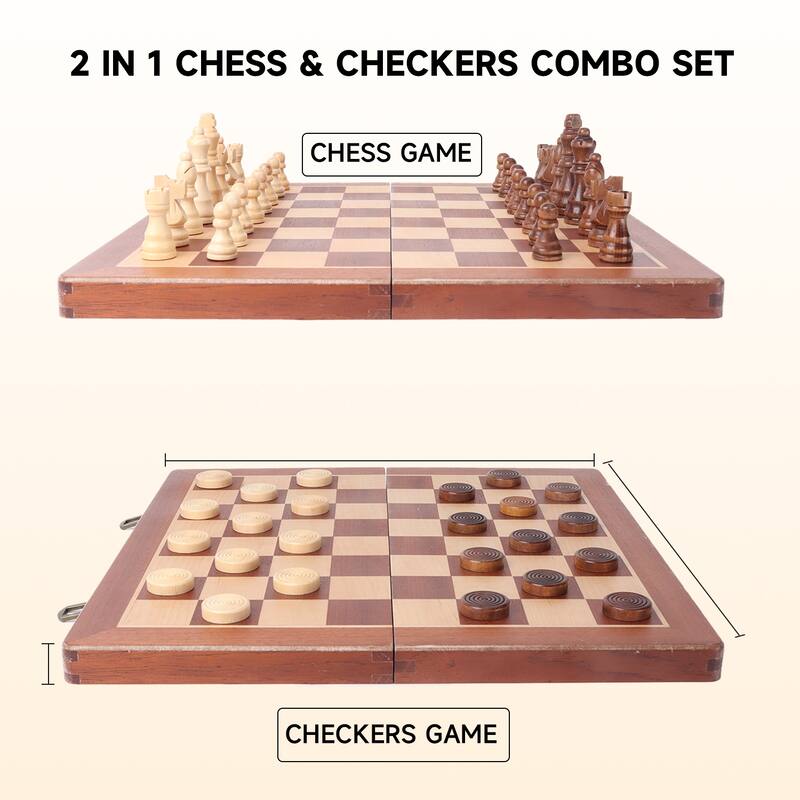 15" Large Wooden Folding 2-in-1 Chess and Checkers Board Game Set with Storage Box