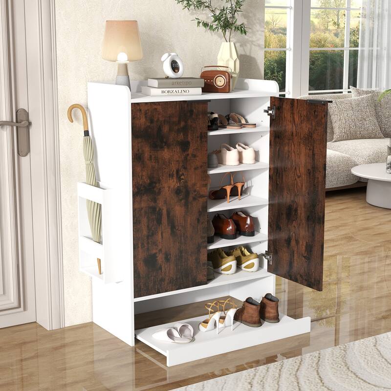 6-Tier Shoe Storage Cabinet with Slide Out Shelf and Umbrella Stand - Rustic Brown