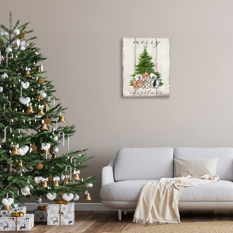 Stupell Rustic Distressed Merry Christmas Tree Illustration Canvas Wall Art