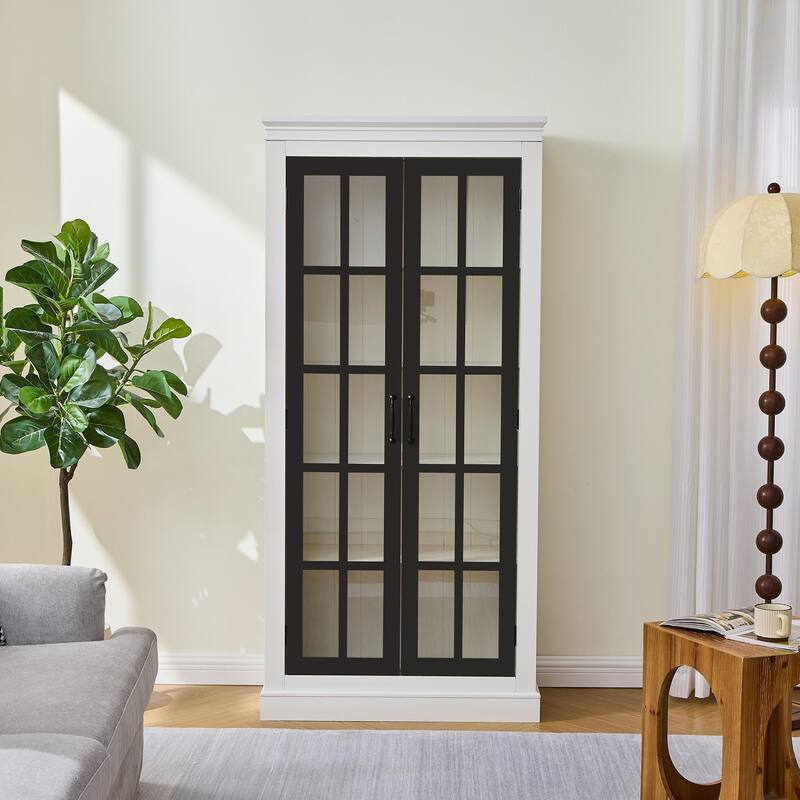 71.2'' Freestanding Pantry Cabinet with Glass Door, Farmhouse Display Cabinets with Storage, Curio Cabinet with Lattice Window