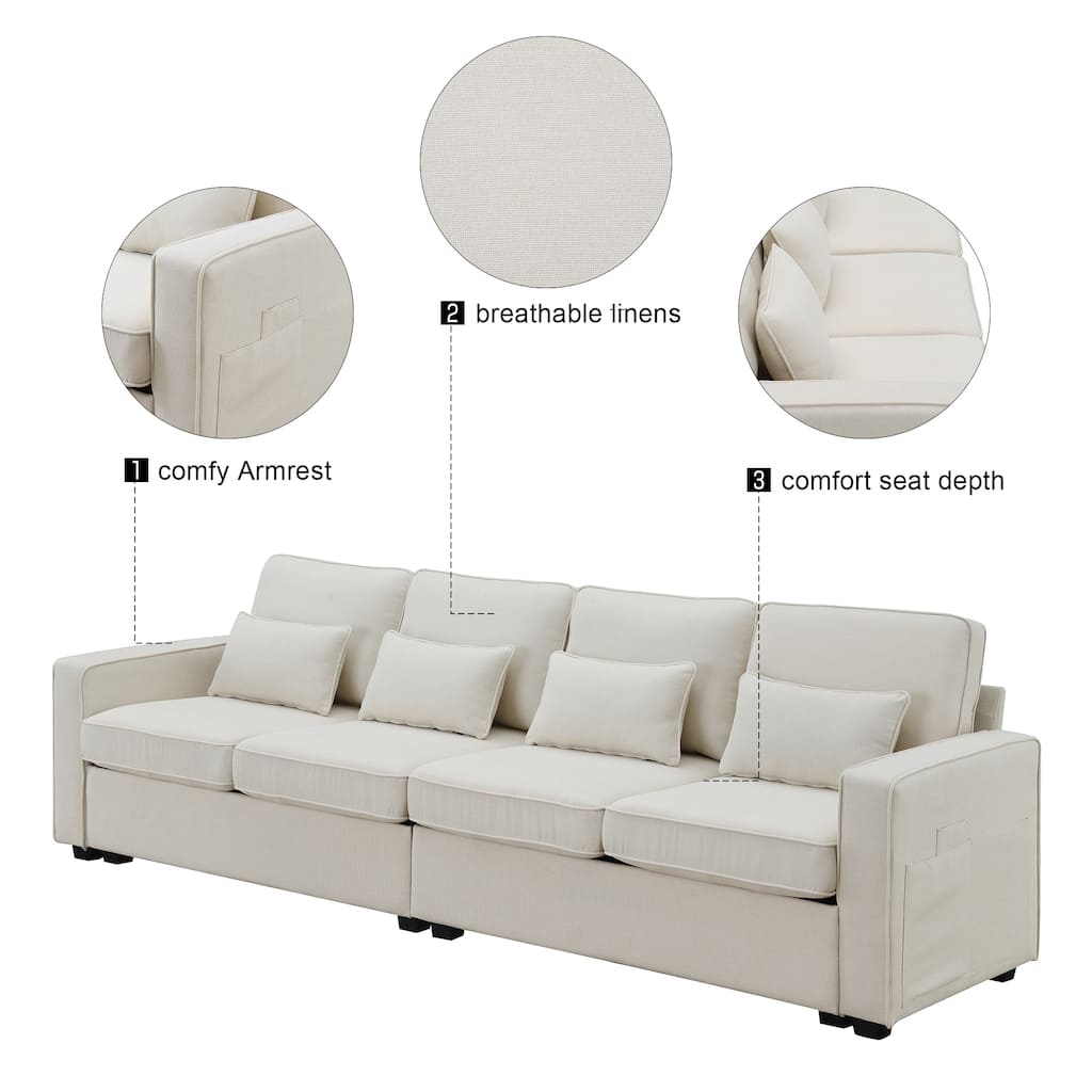 4-seat Linen Fabric Upholstered Sofa with Armrest Pockets & 4 Pillows