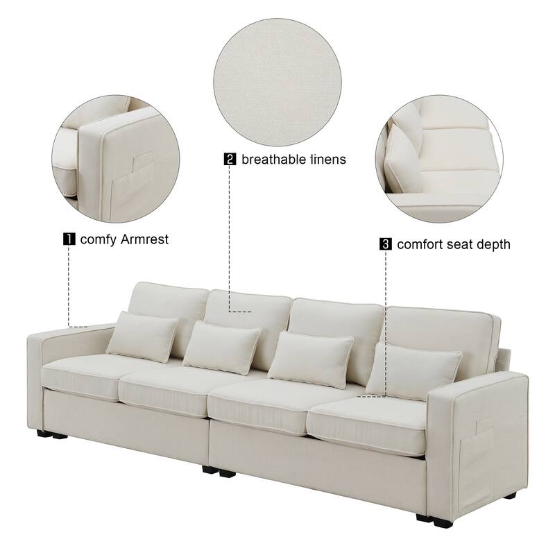 4-seater Modern Linen Fabric Sofa with Armrest Pockets and 4 Pillows, Minimalist Upholstered Living Room Sofa with Soft Armrests