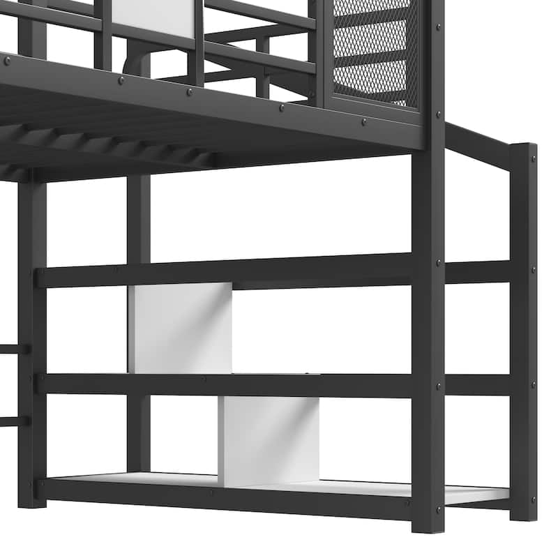 Fun Play House-shaped Loft Bed Metal Bed Frame with Grid and Shelves