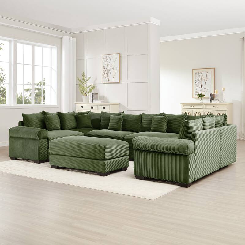 GDFStudio - Corduroy U-Shaped 6-Seater 137.7" Cloud Modular Sectional Couch with Ottoman