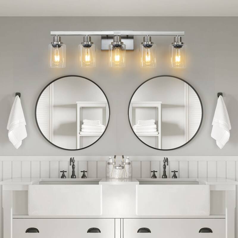 31" 5-Light Vanity Light with Clear Glass Shades, Modern Iron Metal Bathroom Wall Fixture for Mirror(No Bulbs) - Chrome