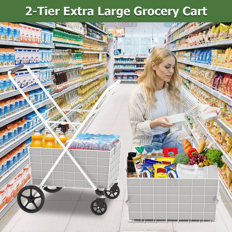 Foldable 2 Layers Grocery Shopping Cart with Double Basket and 360 Rolling Swivel Wheels
