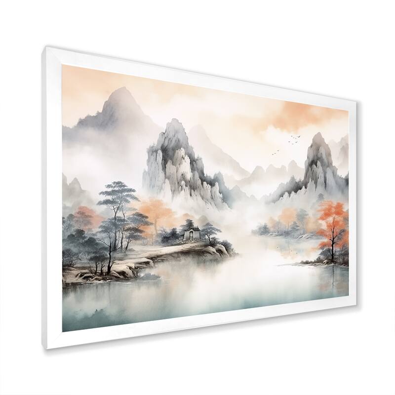 Designart "Grey Tranquil Chinese Landscape Serenity I" China Orange - Traditional Entryway Framed Wall Art Print