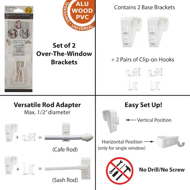 Over-The-Window Cafe Rod Brackets - Set of 2 - White - 2 L x 0.13 W x 1.3 D