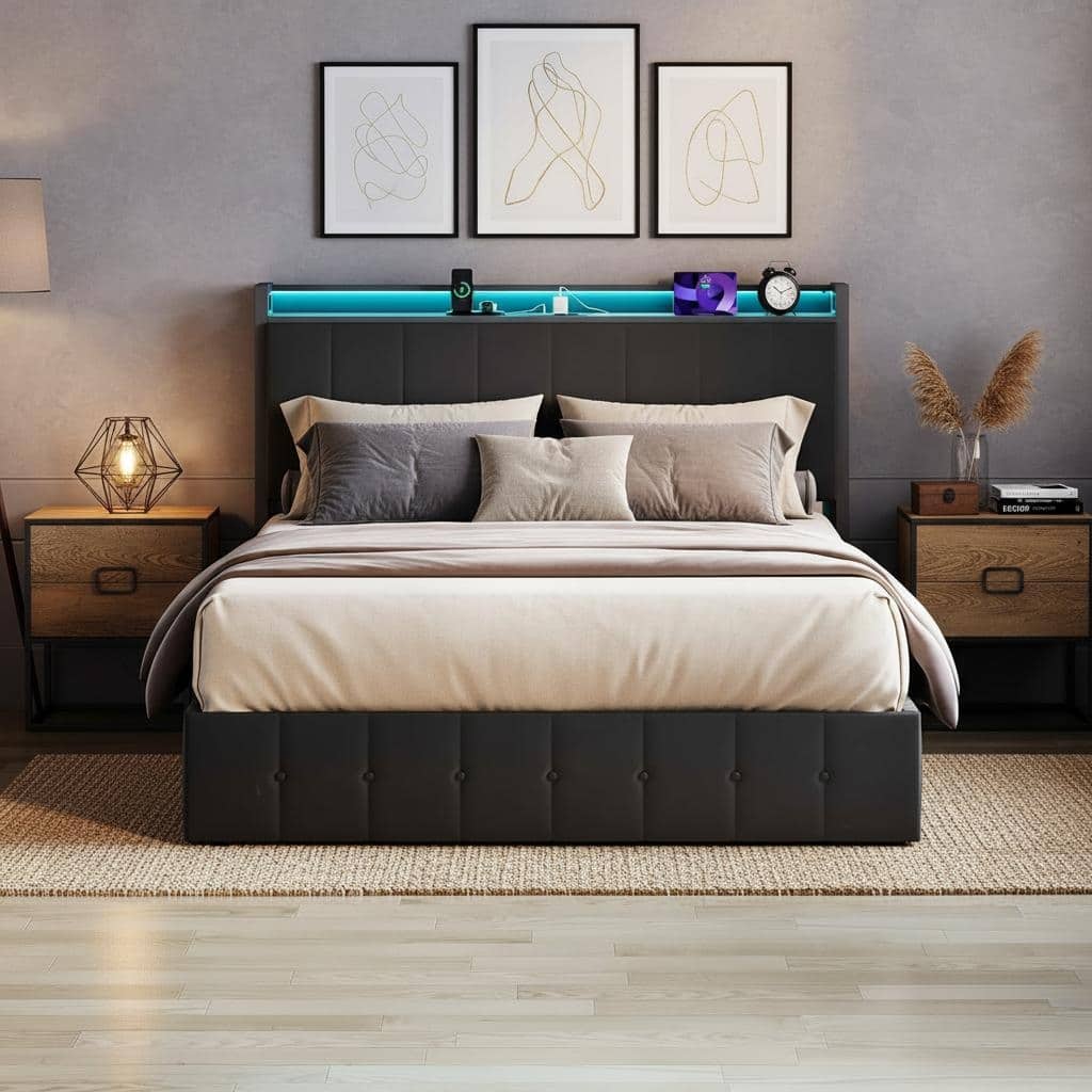 Bed Frame with Lift Up Storage and Charging Station