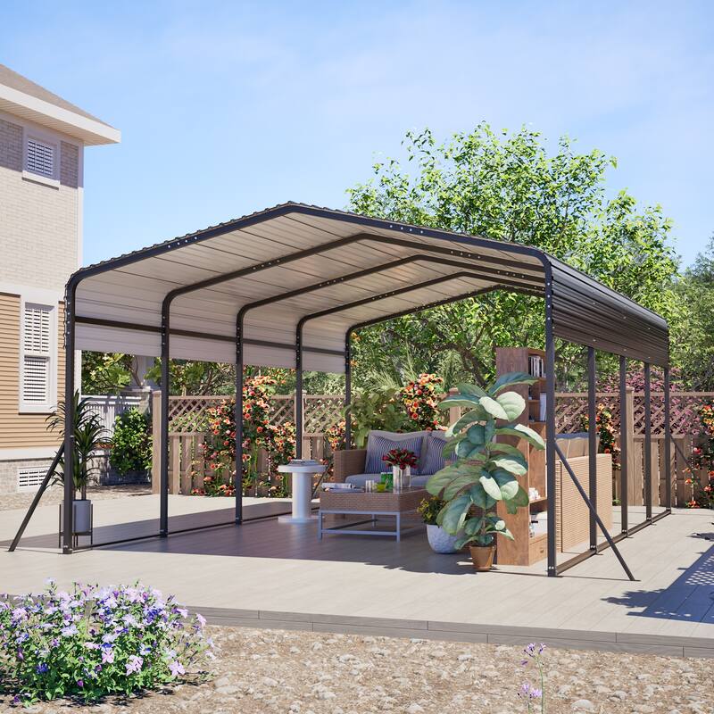 GDFStudio - Penman Heavy-duty Galvanized Steel Hardtop Carport with Upgraded Triangle Reinforced Frame for Outdoor Storage