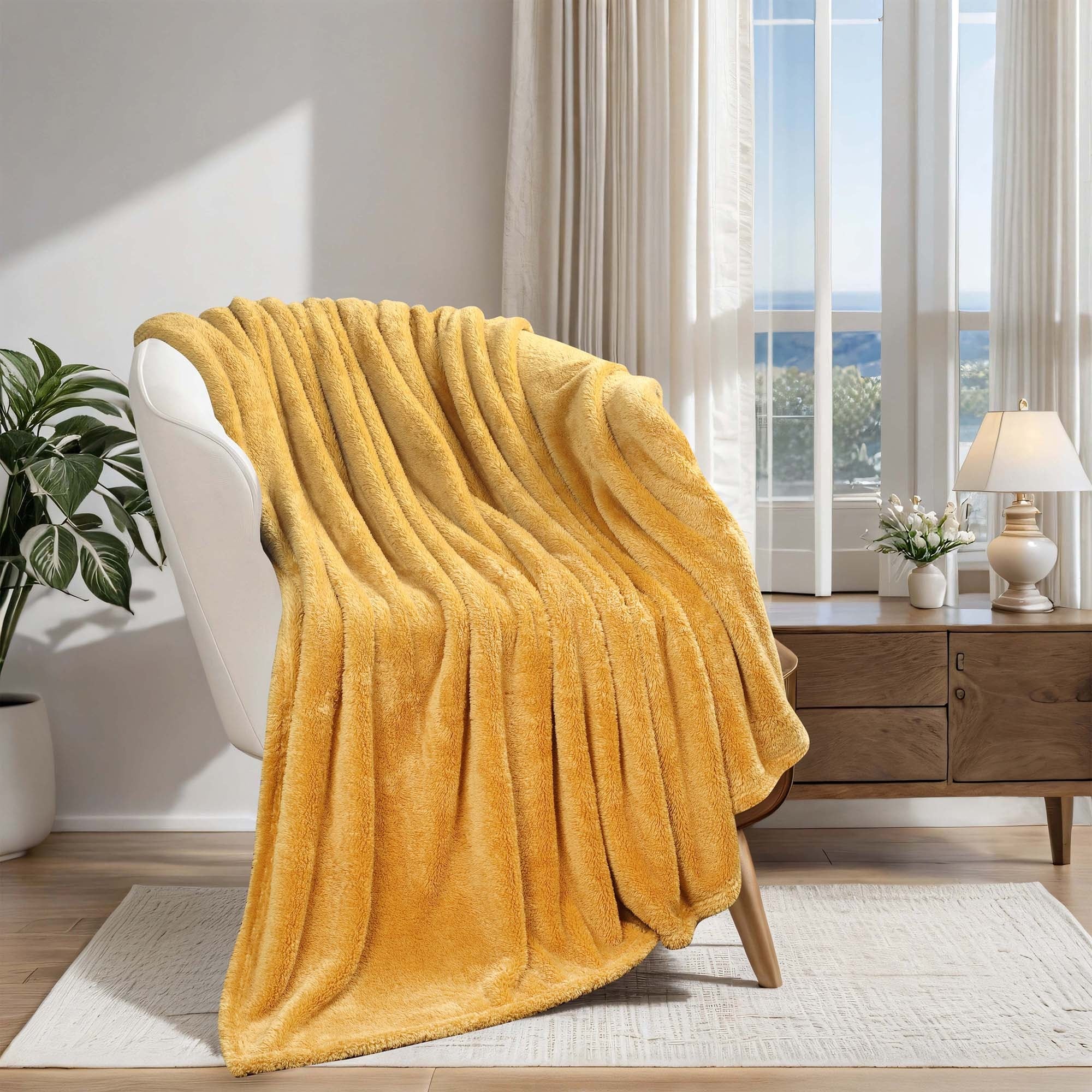 Superior Classic Solid Fleece Blanket Plush Medium Weight Throw Gold