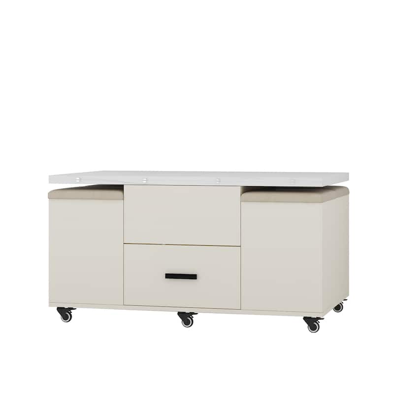 Lift Top Coffee Table Set with 4 Stools, Center Table with Hidden Storage & Drawers, Living Room Table with Lockable Wheels
