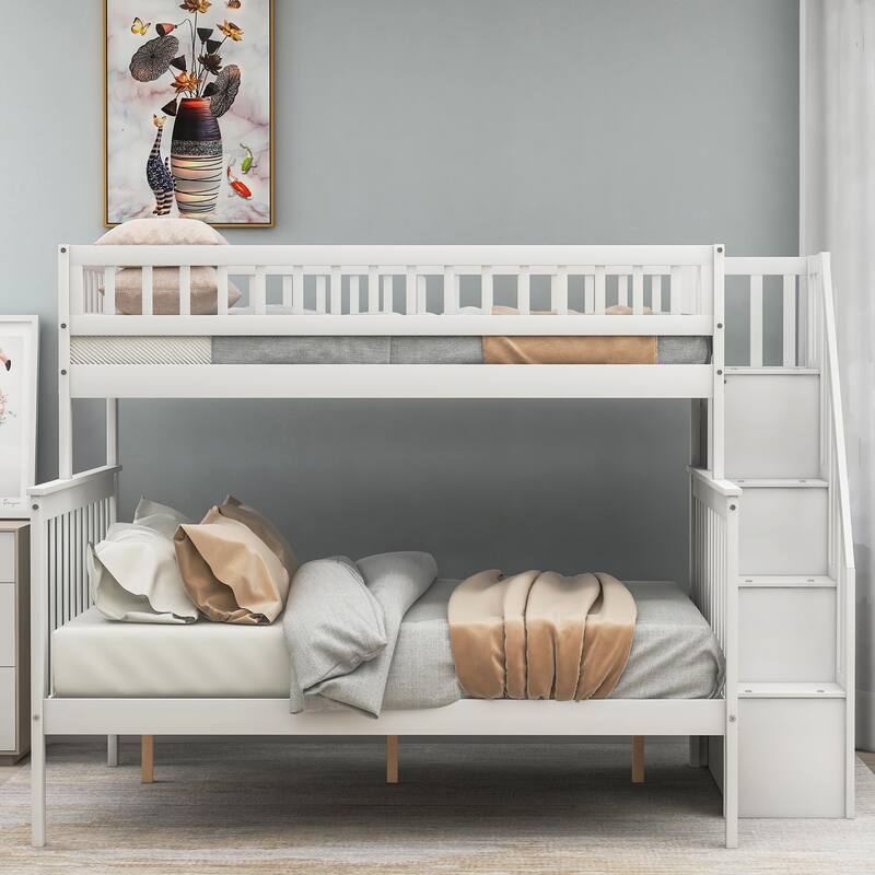 Twin Over Full Bunk Bed with Storage, Ladder & Guardrails