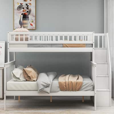 Twin Over Full Stairway Bunk Bed with Storage Shelves, White