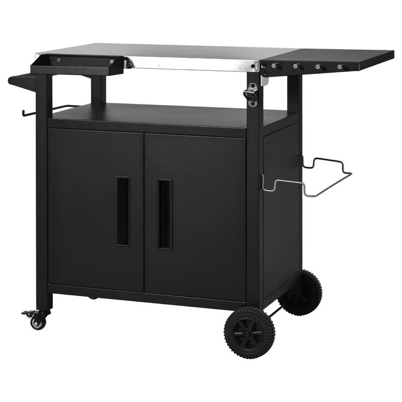 45" Metal Outdoor Grill Cart with Storage Cabinet, Outdoor Kitchen Island with Foldable Table on Wheels for BBQ