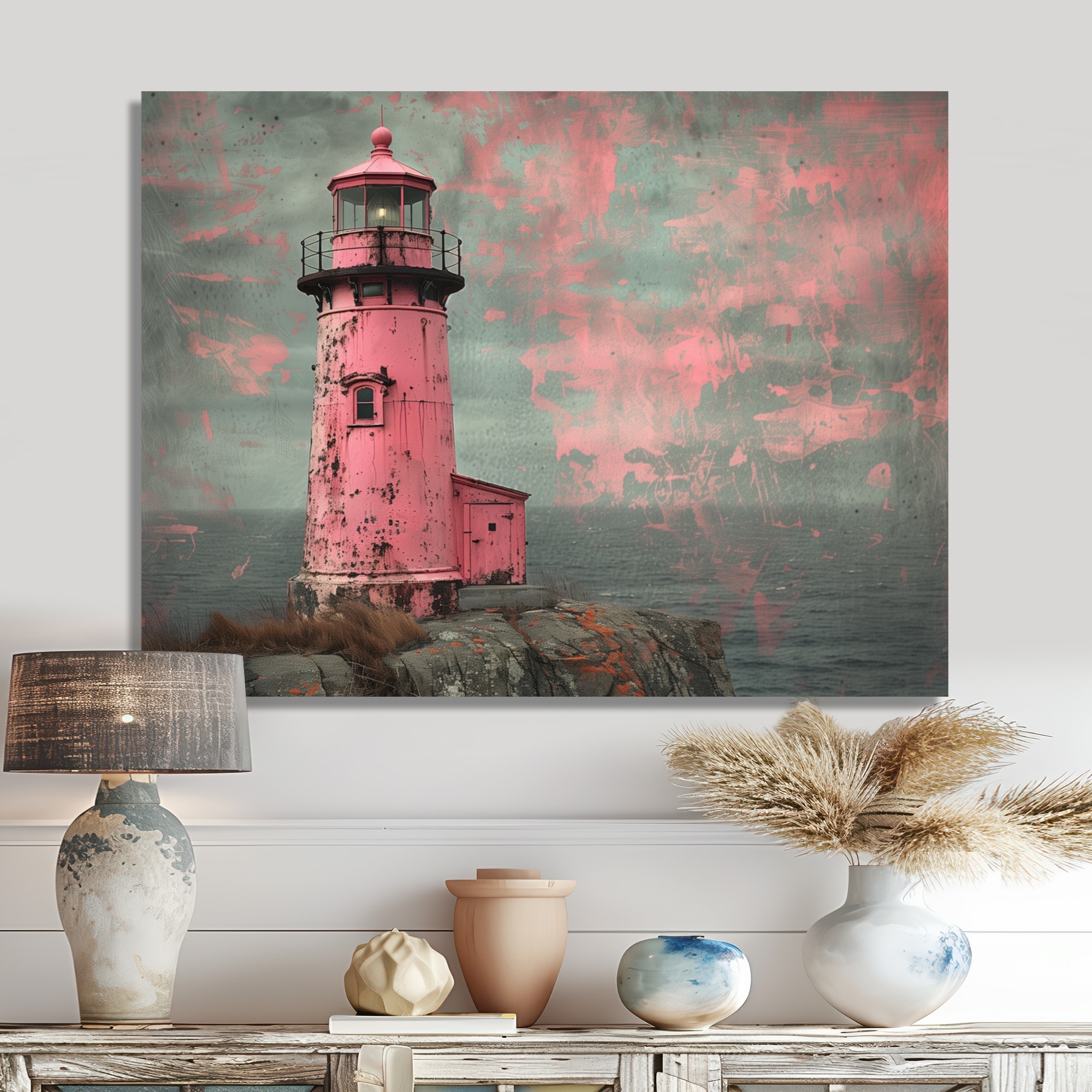 Designart "Pink Grey Vintage Lighthouse Cliff" Lighthouses Canvas Wall Art - Nautical & Coastal Blue Wall Decor Art