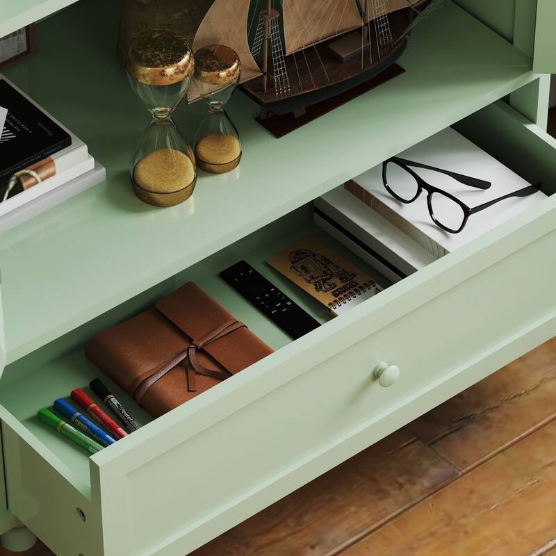 Buffet Cabinet with Double Glass Doors, Sideboard Cabinet with Drawer, Wooden Storage Cabinet with Adjustable Shelf